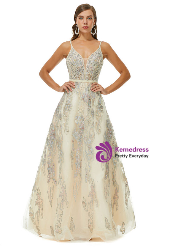 Champagne Tulle Appliques Beading Spaghetti Straps Backless Prom Dress