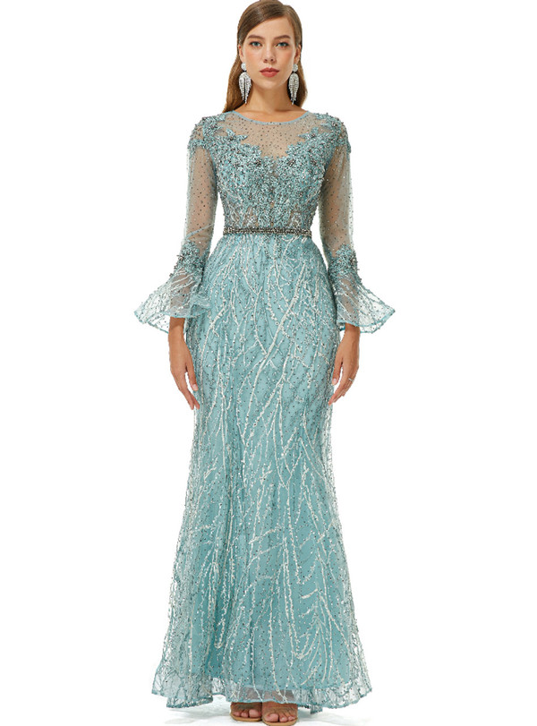 Blue Illusion Neck Mermaid Tulle Beading Long Sleeve Prom Dress
