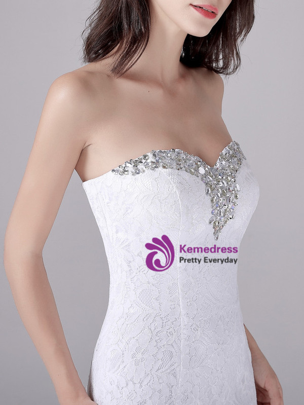 White Lace Beading Sheath Prom Dress With Detachable Train