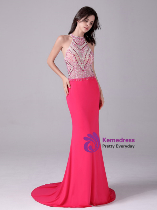 Fuchsia Mermaid Halter Beading Crystal Prom Dress