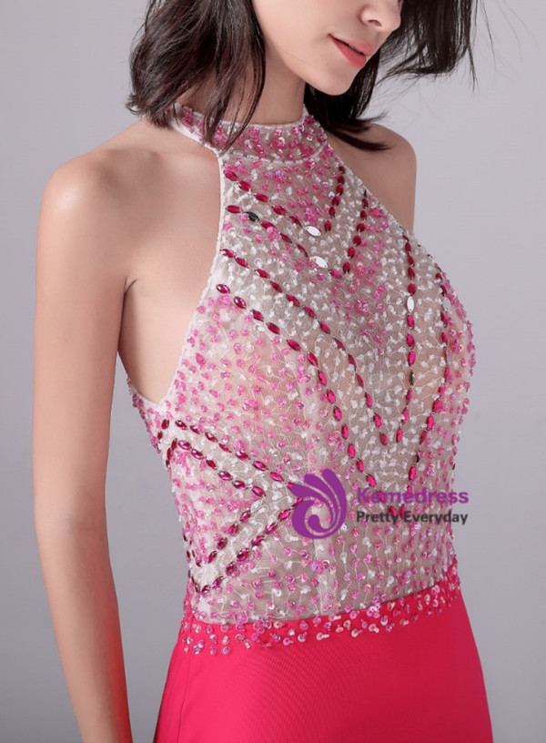 Fuchsia Mermaid Halter Beading Crystal Prom Dress