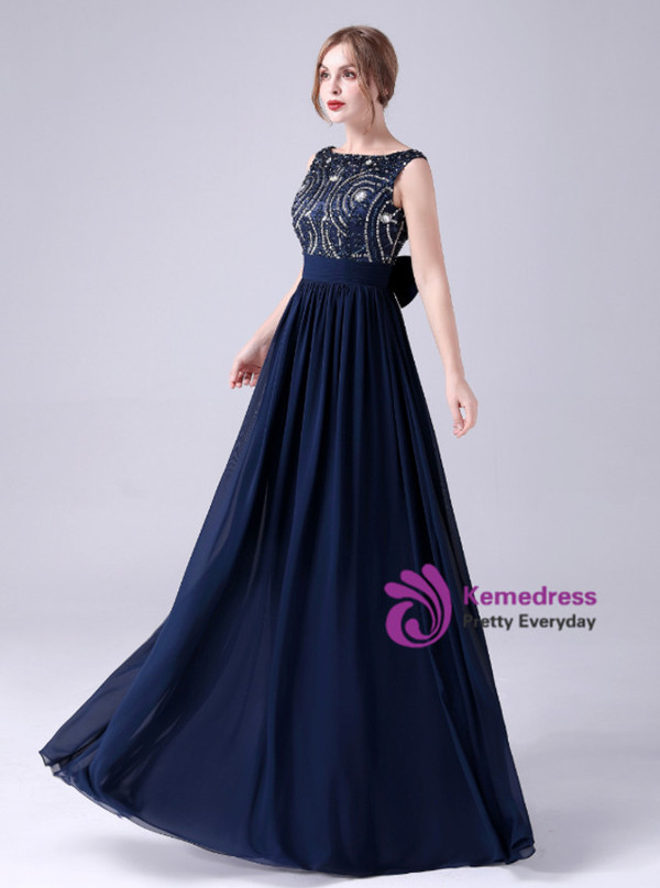 Navy Blue Bateau Chiffon Beading Crystal Prom Dress