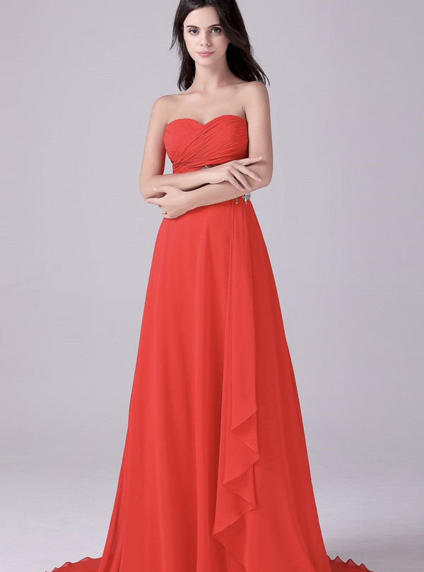 Red Chiffon Sweetheart Pleats Crystal Prom Dress