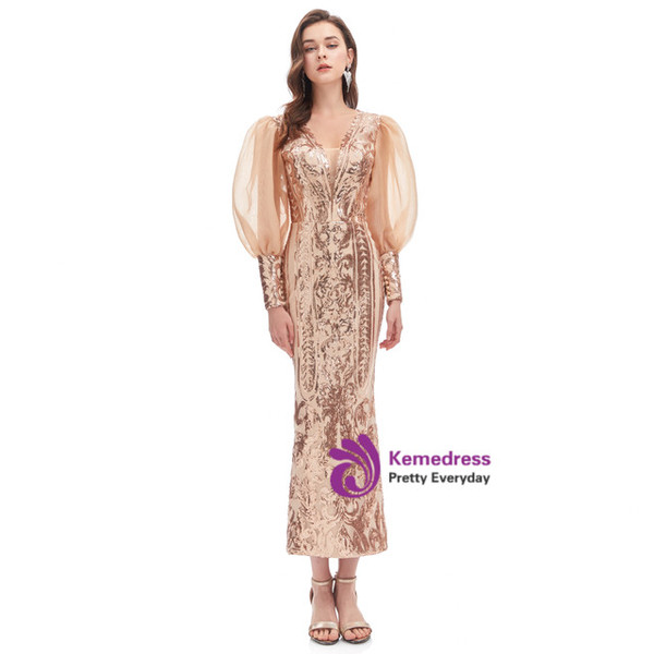 Gold Sequins V-neck Long Sleeve Tea Length Prom Dress