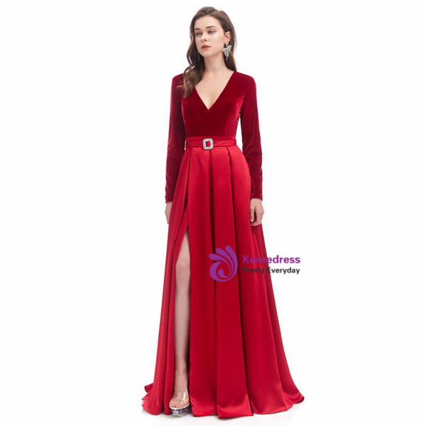 Burgundy V-neck Satin Velvet Long Sleeve Parom Dress With Pocket