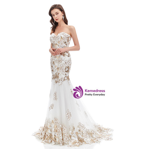 White Mermaid Tulle Sweetheart Sequins Prom Dress