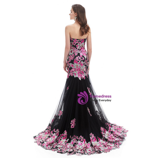 Black Tulle Pink Sequins Sweetheart Prom Dress