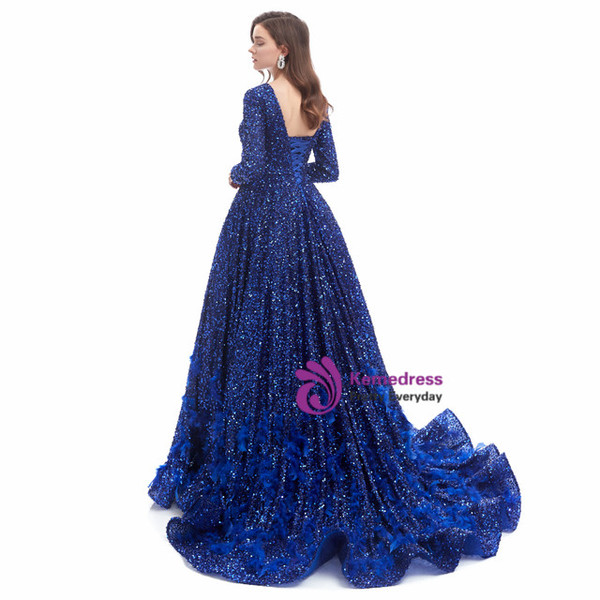 Royal Blue Long Sleeve Sequins Feather Prom Dress