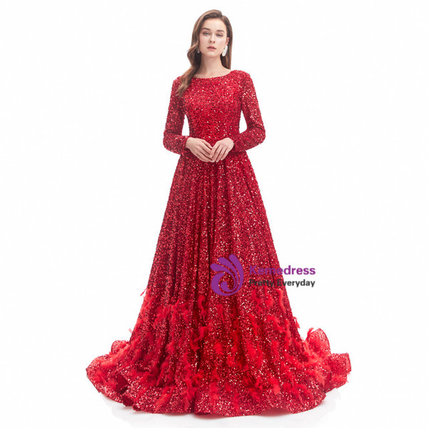 Red Long Sleeve Sequins Feather Prom Dress