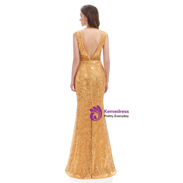 Gold Mermaid Sequins Beading Open Back Prom Dress