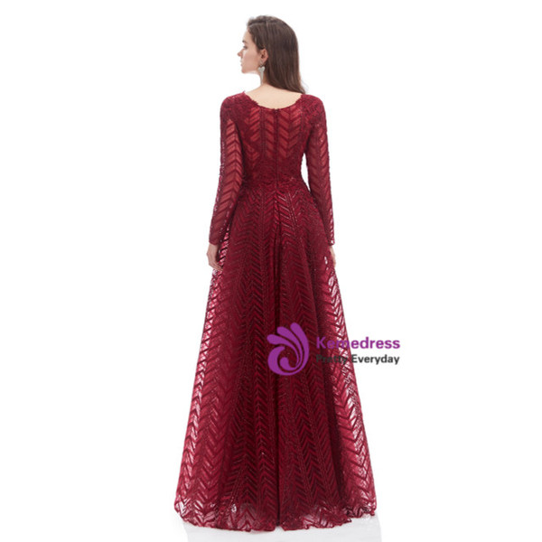 Burgundy Deep V-neck Long Sleeve Appliques Beading Prom Dress