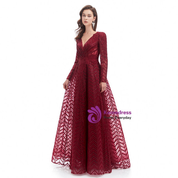 Burgundy Deep V-neck Long Sleeve Appliques Beading Prom Dress