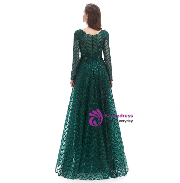 Green V-neck Long Sleeve Appliques Prom Dress