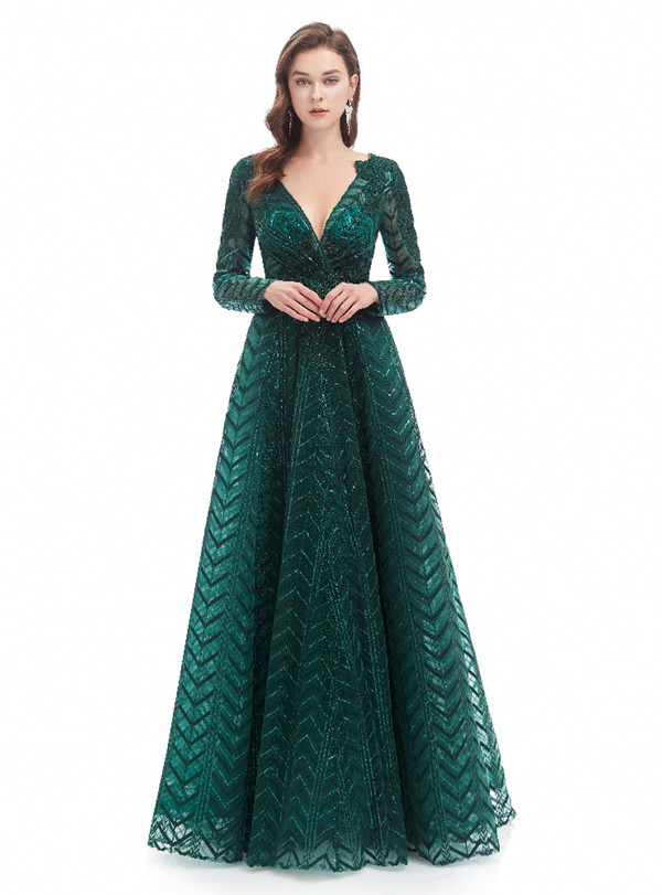 Green V-neck Long Sleeve Appliques Prom Dress