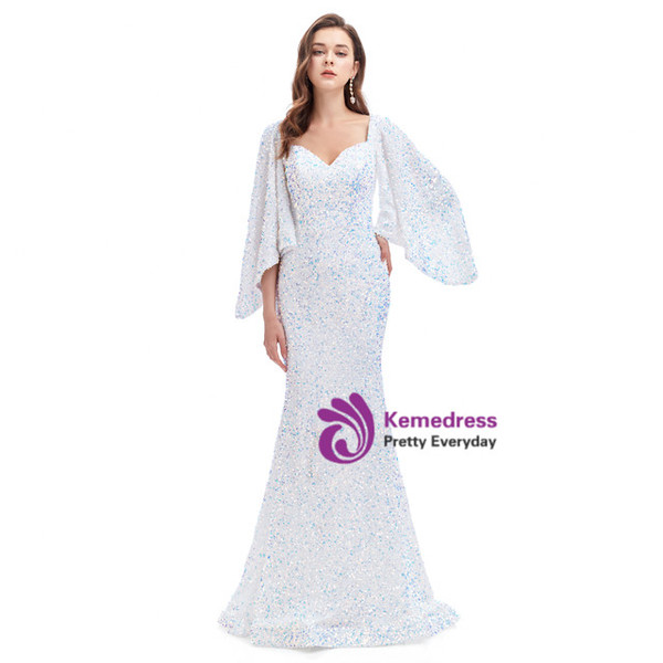 White Mermaid Sequins Square Neck Bat Sleeve Prom Dress