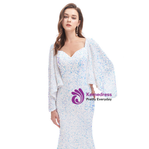 White Mermaid Sequins Square Neck Bat Sleeve Prom Dress