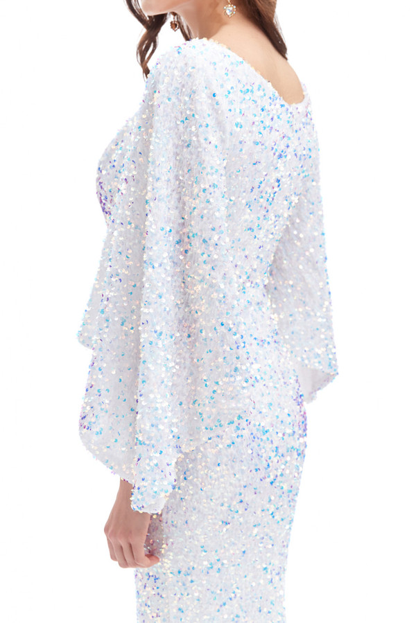 White Mermaid Sequins Square Neck Bat Sleeve Prom Dress