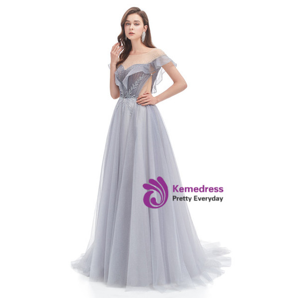 Gray Tulle Illusion Neck Sequins Pleats Beading Prom Dress