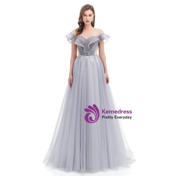 Gray Tulle Illusion Neck Sequins Pleats Beading Prom Dress