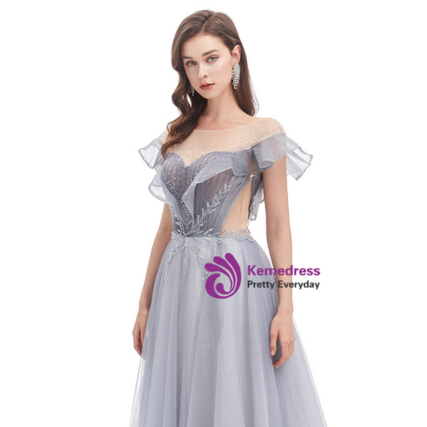Gray Tulle Illusion Neck Sequins Pleats Beading Prom Dress