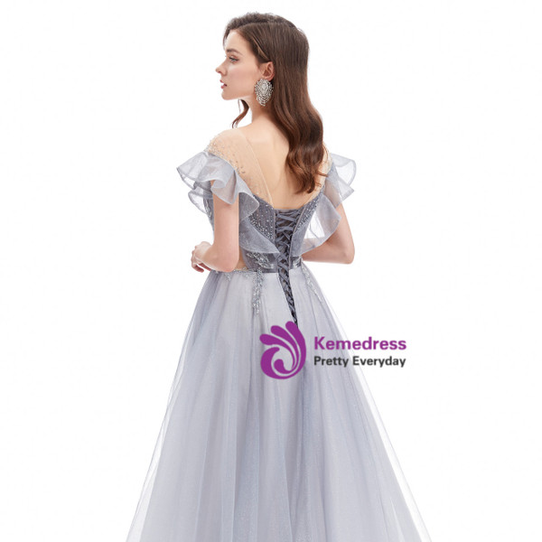 Gray Tulle Illusion Neck Sequins Pleats Beading Prom Dress