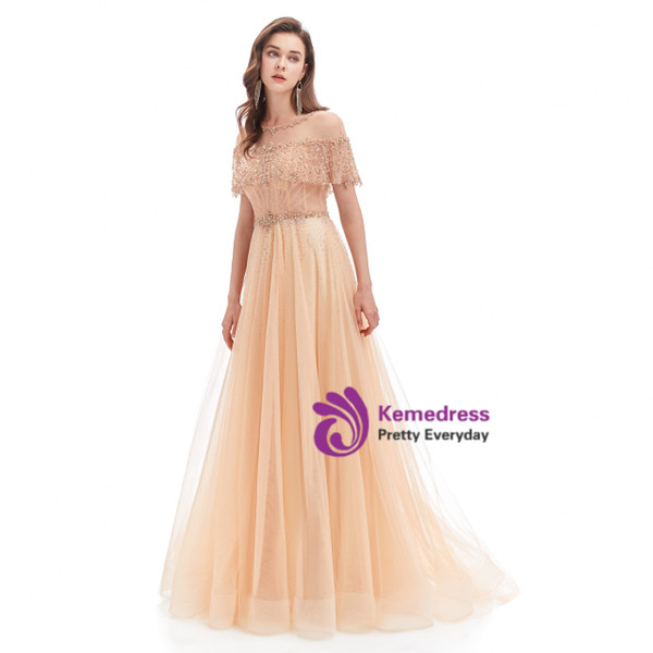 Champagne Gold Tulle See-through Pleats Beading Prom Dress