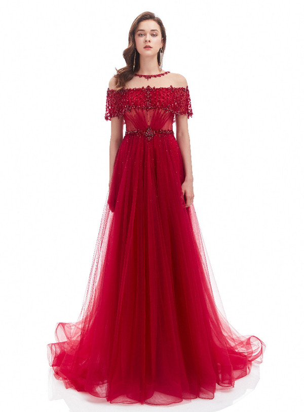 Burgundy Tulle See-through Pleats Beading Prom Dress