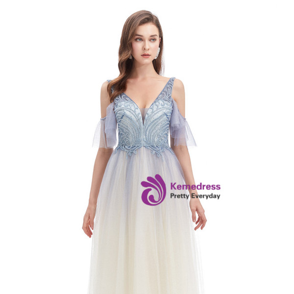 Champagne Blue V-neck Backless Beading Sequins Prom Dress