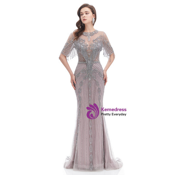 Gray Short Sleeve Mermaid Tulle Heavy Beading Prom Dress
