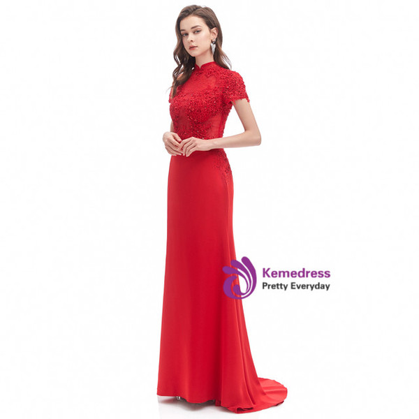 Red Mermaid High Neck Appliques Beading Prom Dress