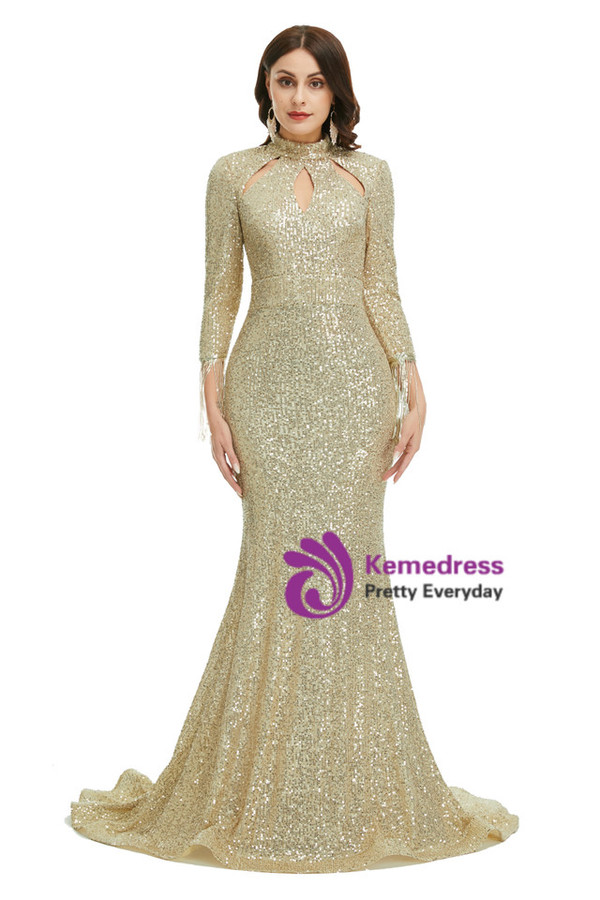 Gold Mermaid High Neck Sequins Long Sleeve Prom Dress