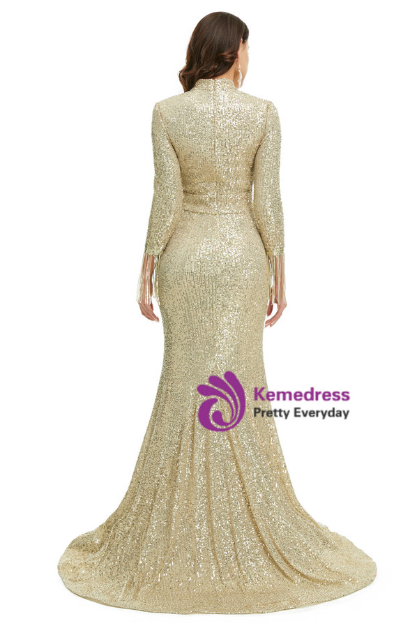 Gold Mermaid High Neck Sequins Long Sleeve Prom Dress