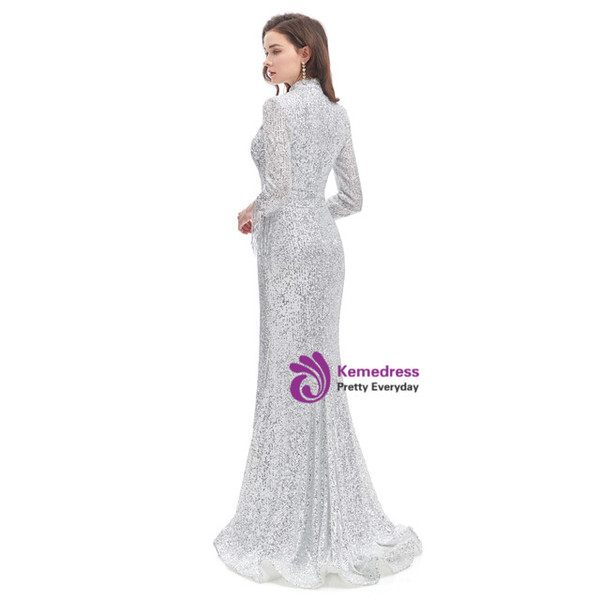 Silver Mermaid Hgh Neck Long Sleeve Prom Dress