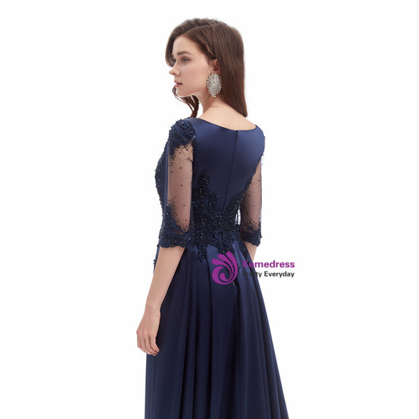 Navy Blue Satin Half Sleeve Appliques Beading Prom Dress