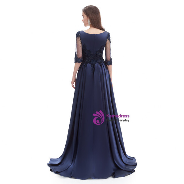 Navy Blue Satin Half Sleeve Appliques Beading Prom Dress