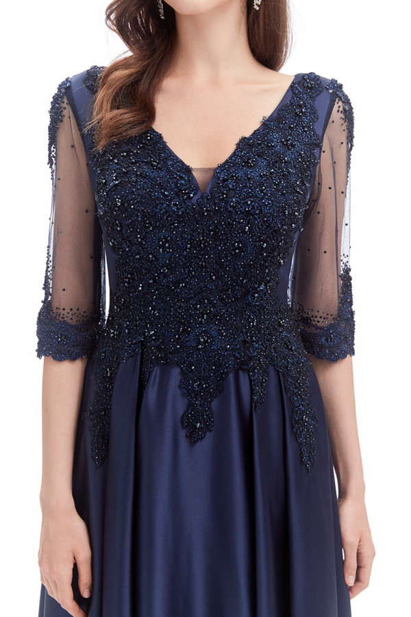 Navy Blue Satin Half Sleeve Appliques Beading Prom Dress