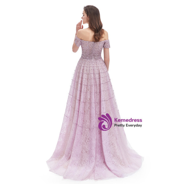 Light Purple Lace Beading Sequins Short Sleeve Prom Dress