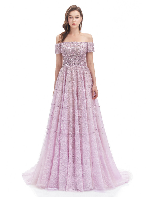 Light Purple Lace Beading Sequins Short Sleeve Prom Dress
