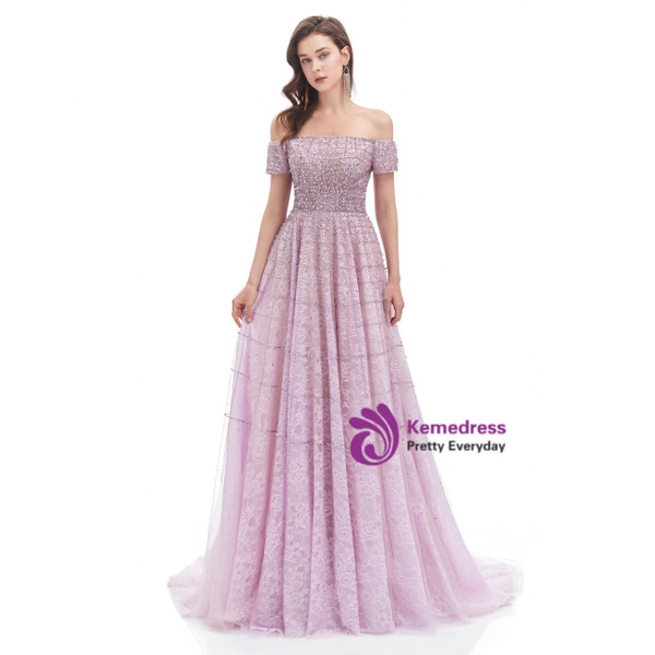 Light Purple Lace Beading Sequins Short Sleeve Prom Dress
