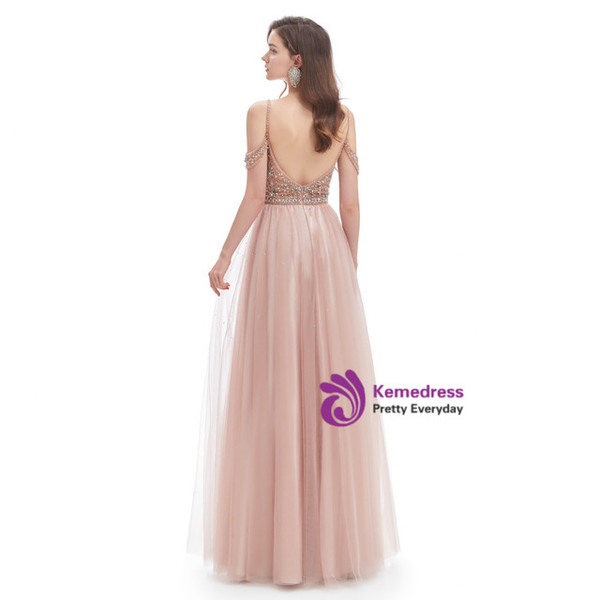 Pink Spaghetti Straps Backless Beading Crystal Prom Dress