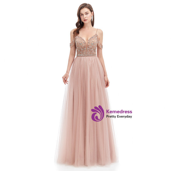 Pink Spaghetti Straps Backless Beading Crystal Prom Dress