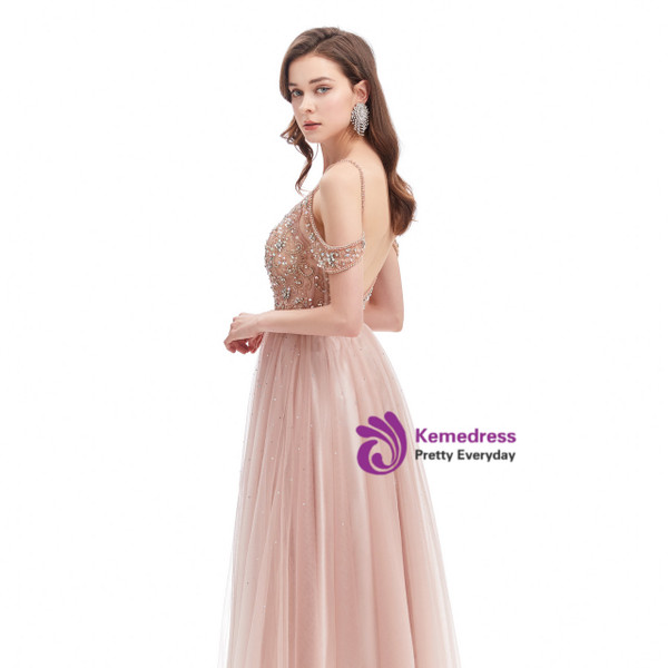 Pink Spaghetti Straps Backless Beading Crystal Prom Dress