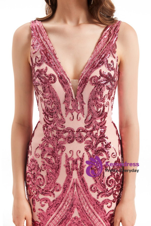 Pink Mermaid V-neck Sequins Prom Dress