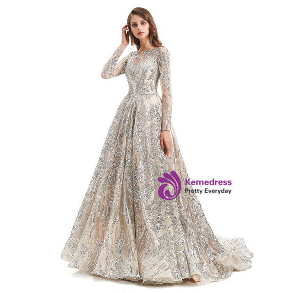 Silver Gray Sequins Backless Long Sleeve Prom Dress