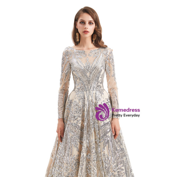 Silver Gray Sequins Backless Long Sleeve Prom Dress