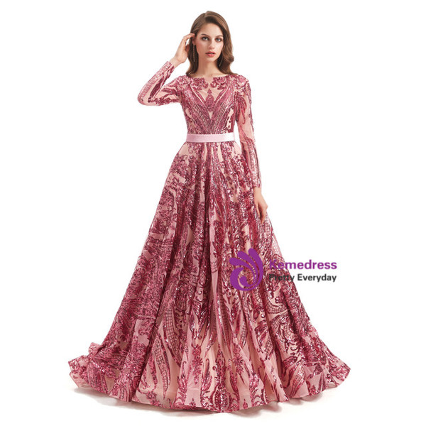 Fashion Pink Sequins Long Sleeve Backless Prom Dress