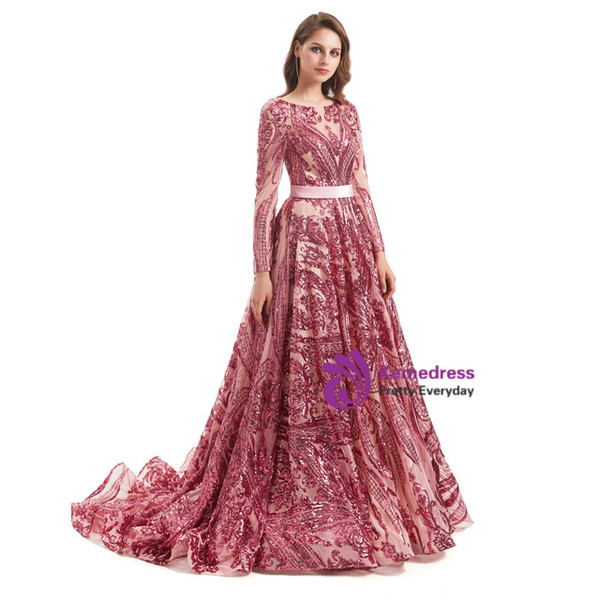 Fashion Pink Sequins Long Sleeve Backless Prom Dress