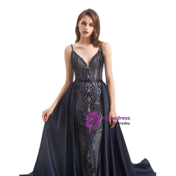 Navy Blue Sequins  V-neck Prom Dress With Detachable Train