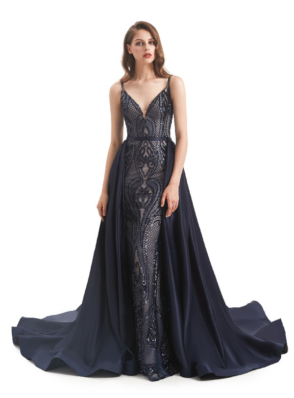 Navy Blue Sequins  V-neck Prom Dress With Detachable Train