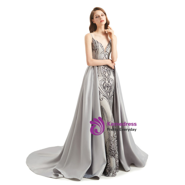 Silver Gray Mermaid Spaghetti Straps Prom Dress With Detachable Train